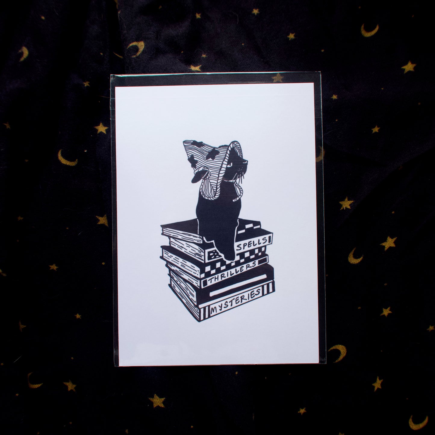 Witchy Cat Book Stack Mini Print